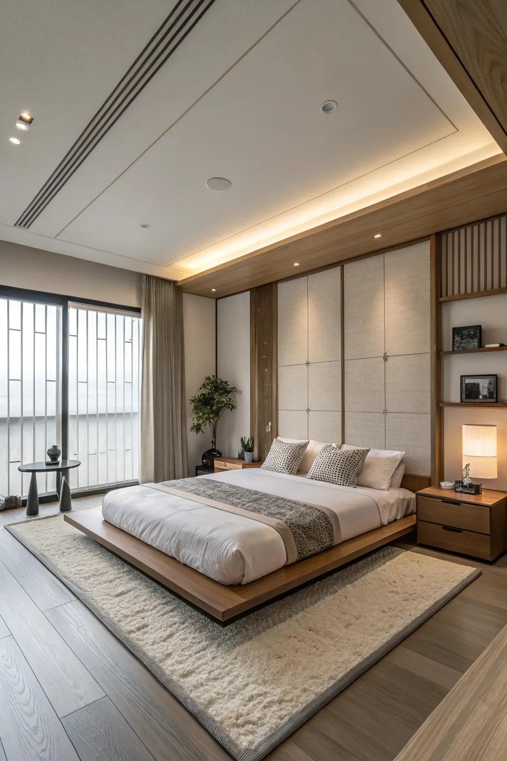 A low platform adds structure while keeping the space open.