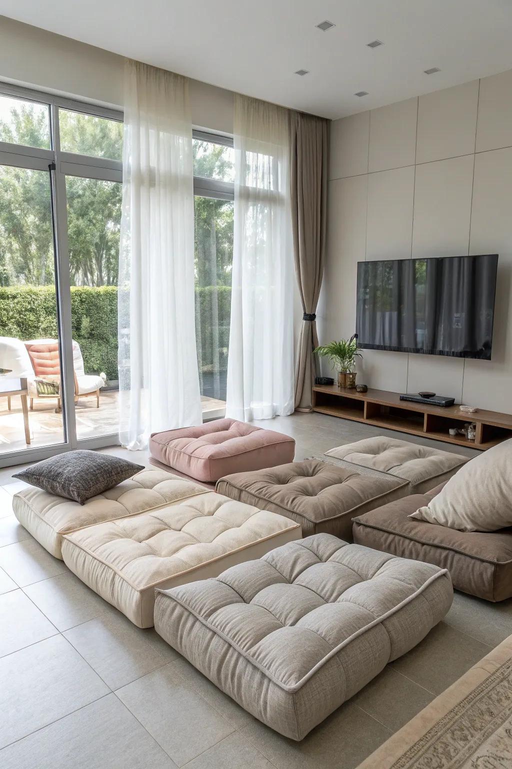 Modular floor seating offers versatility and modern flair.