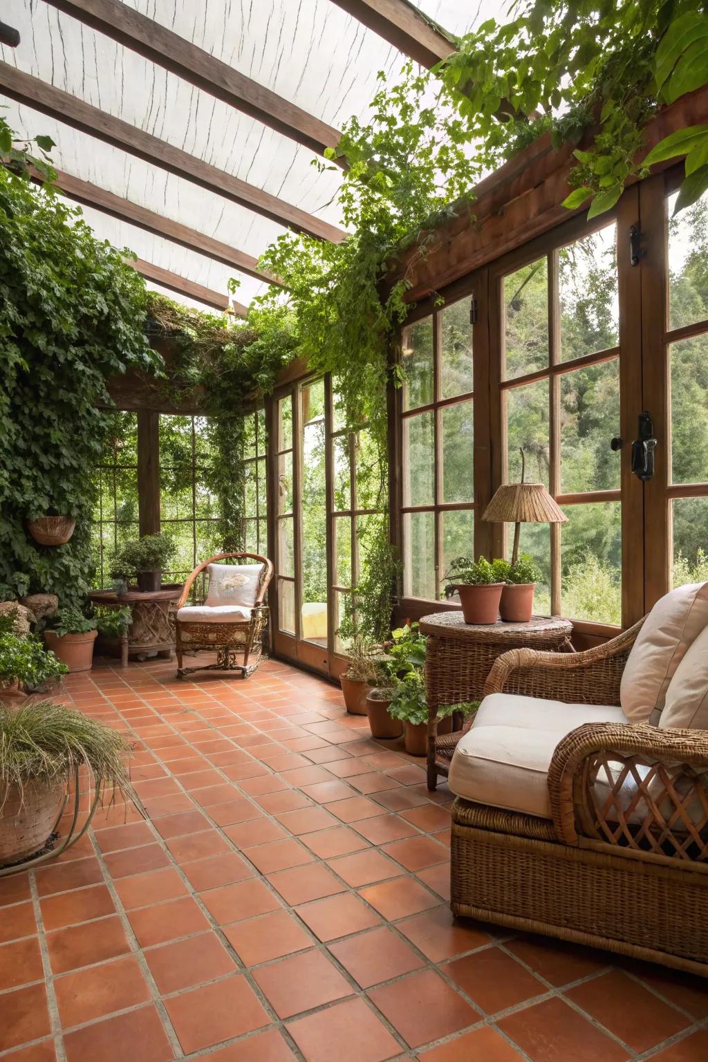 Inviting sunroom featuring cozy terracotta tiling.