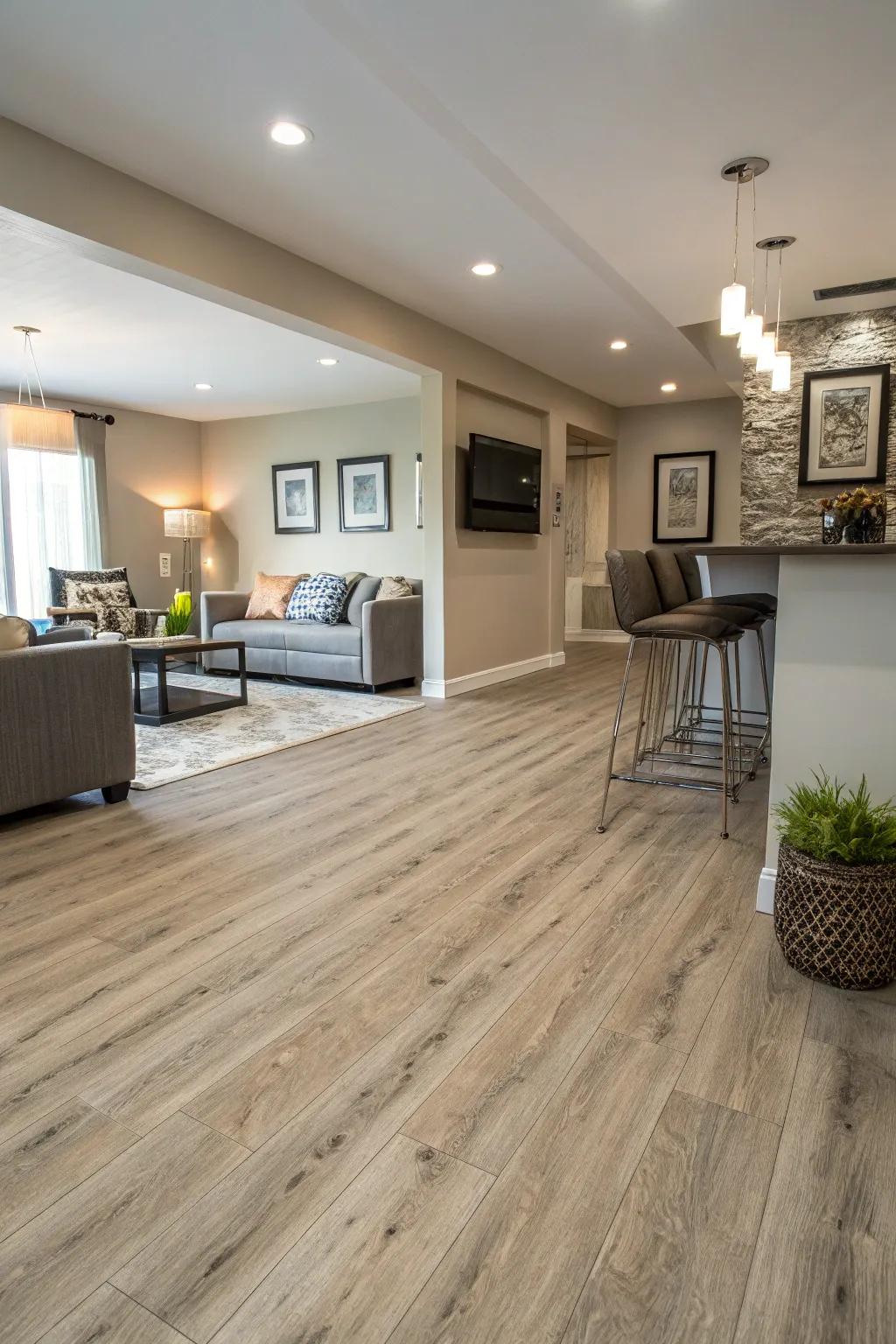 Pale timber effect vinyl flooring visually enlarges your basement area beautifully.