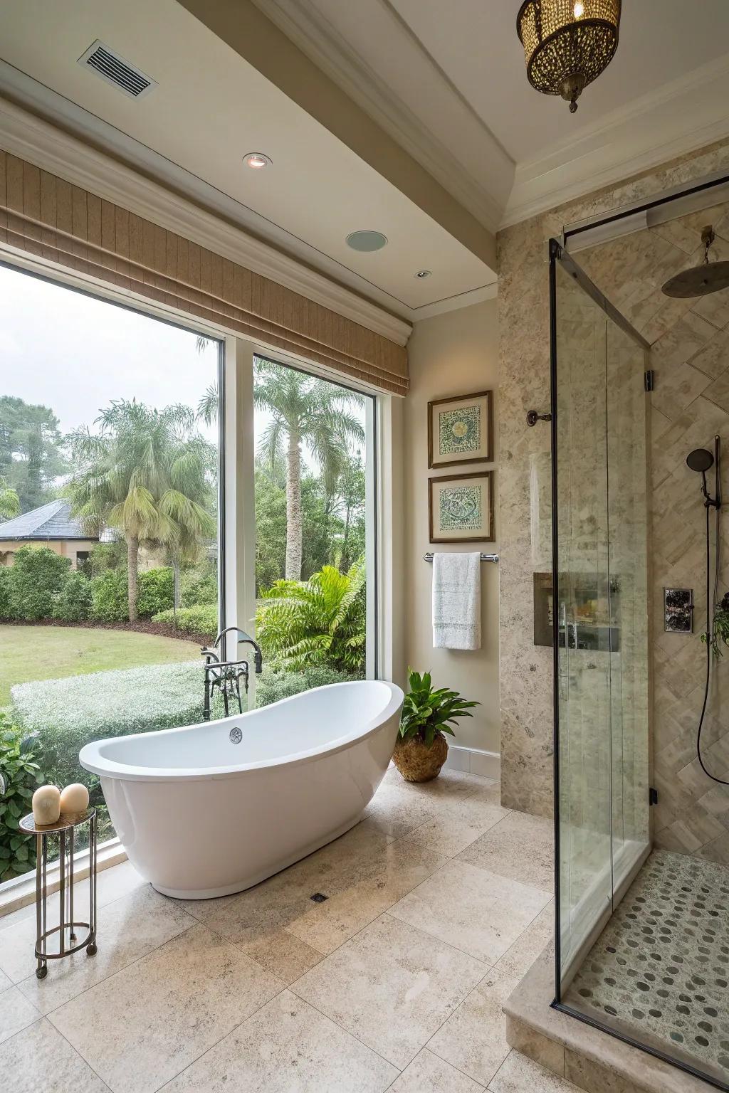 A spa-style getaway with a standalone tub and overhead shower.