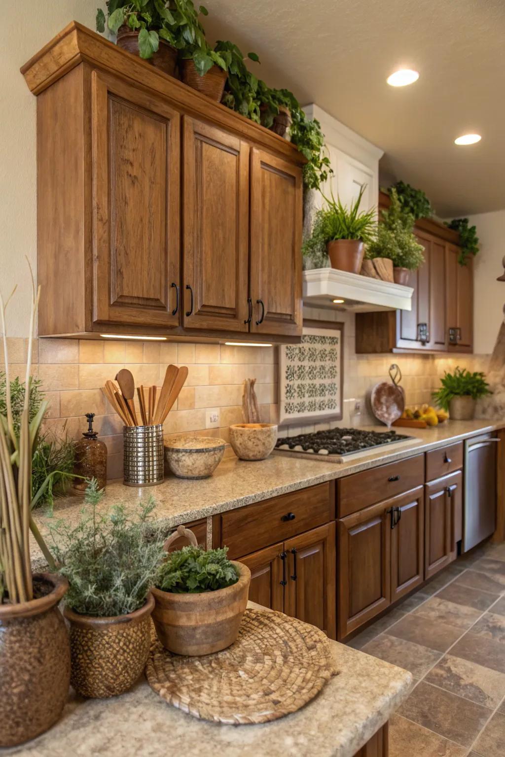 A kitchen embracing earthy materials for a cozy and welcoming ambiance.
