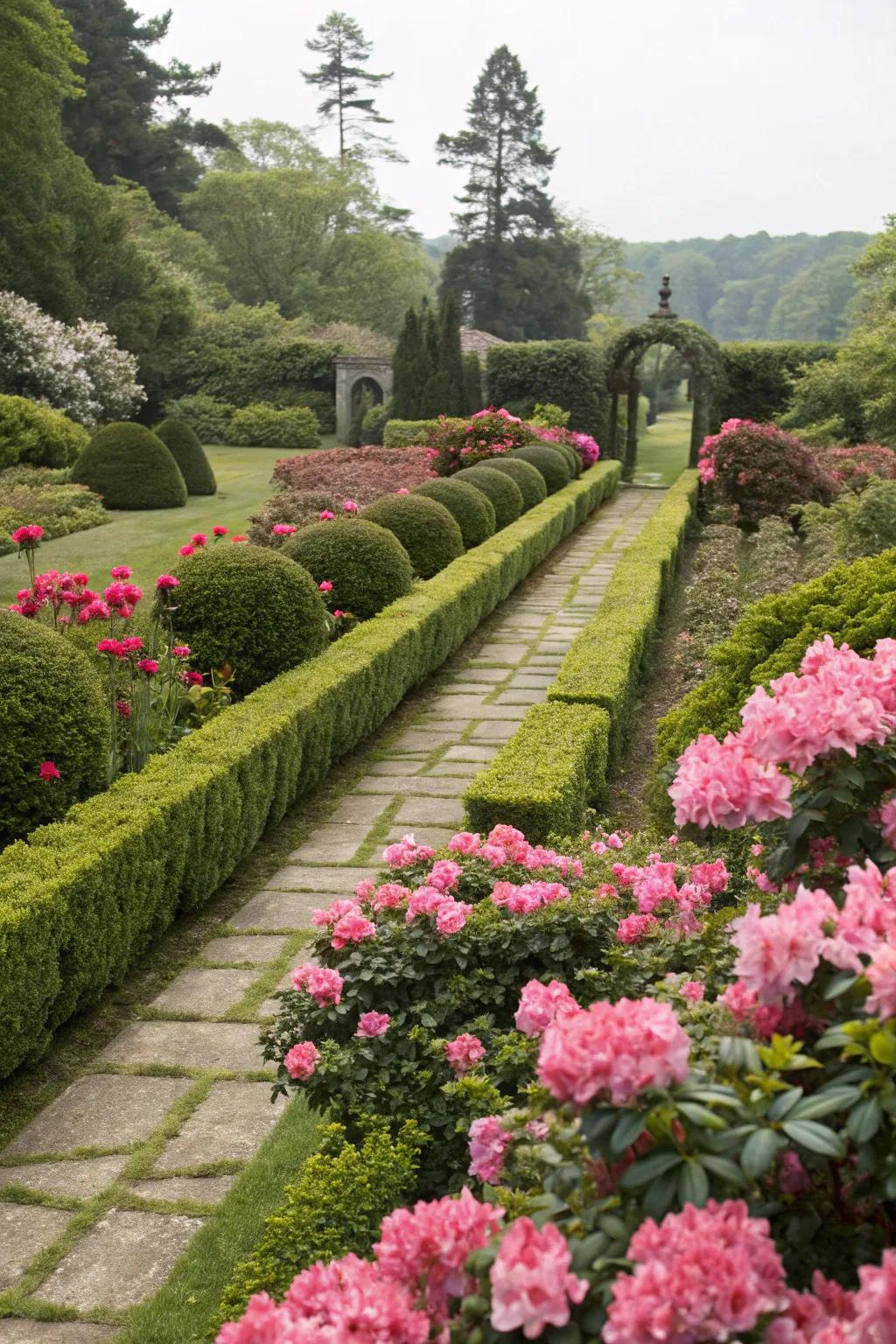 Achieve a sophisticated appearance through symmetrical flowering bush arrangements.