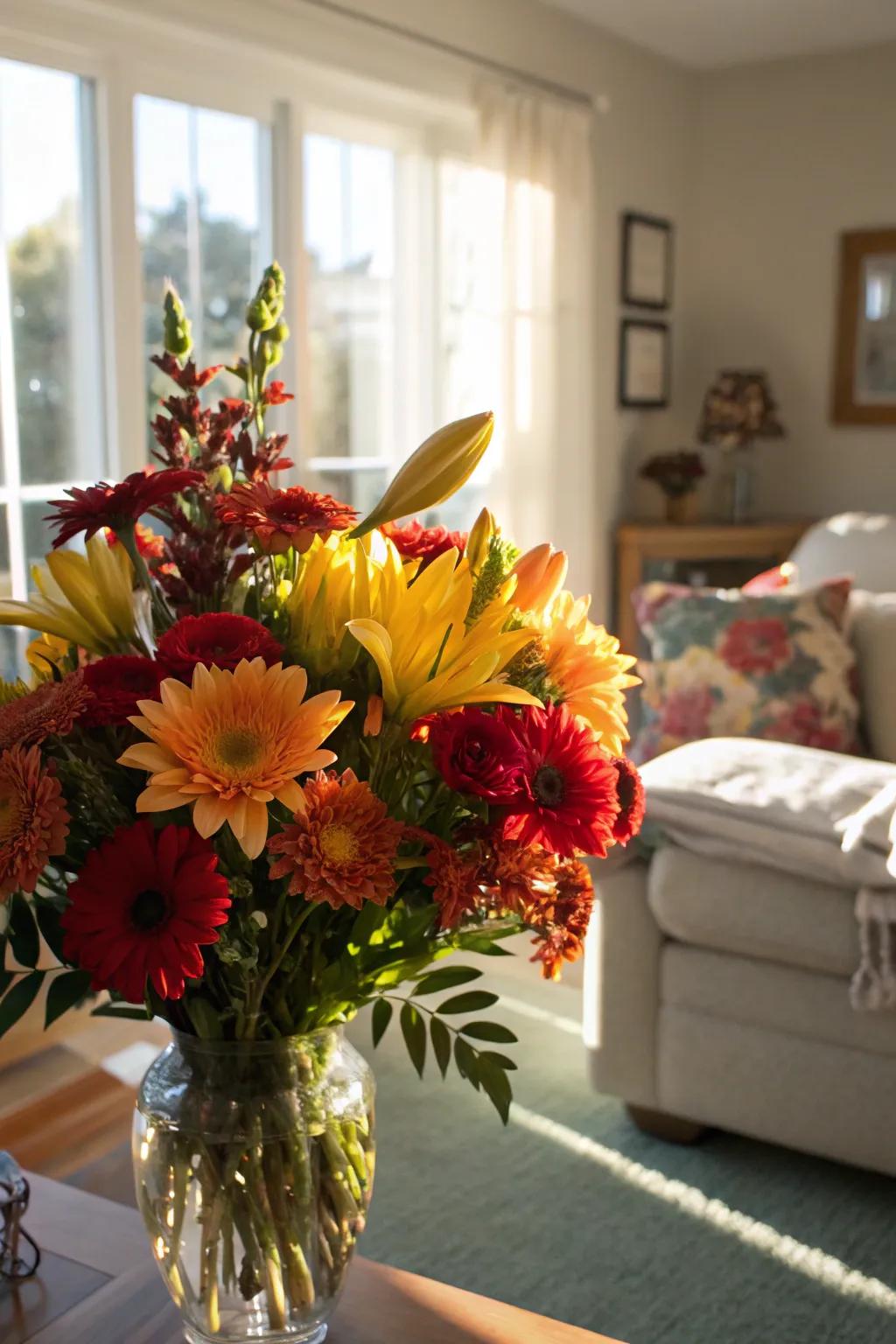 A radiant bouquet that imparts a lively spark to a sunlit living room.