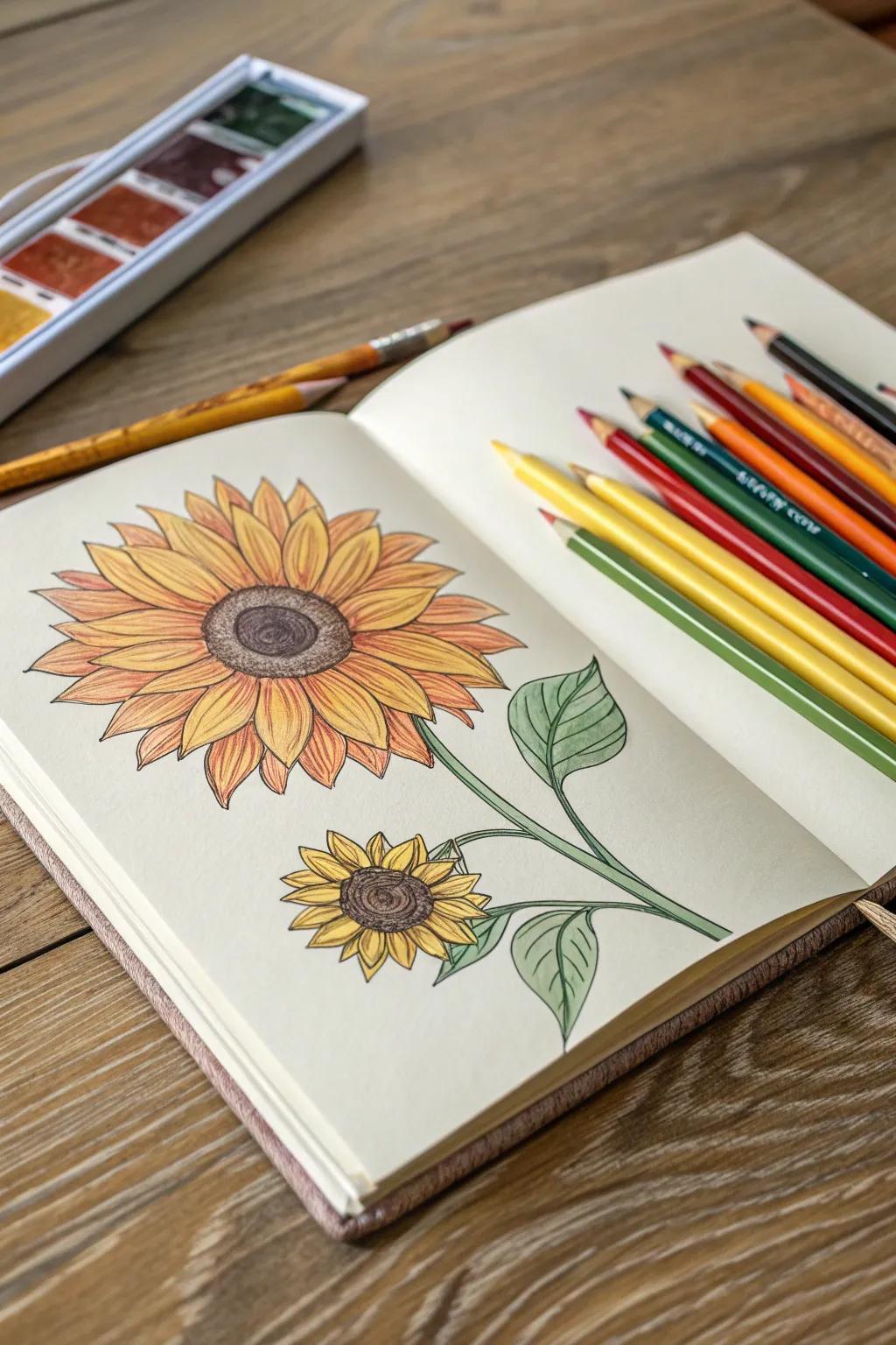 A sunflower sketch radiating warmth and happiness.