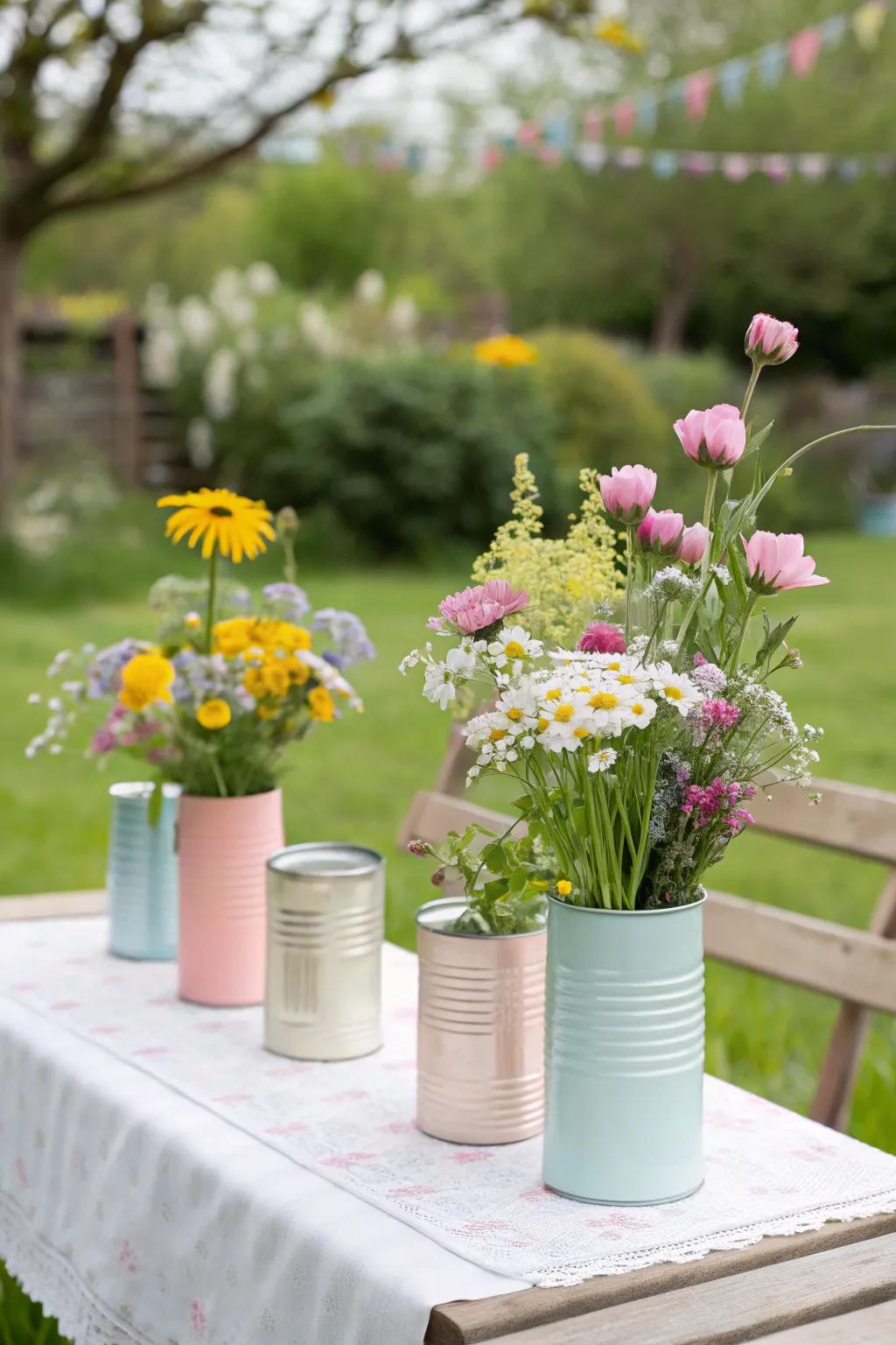 Metallic receptacles inject playful charm into a garden gathering setting.