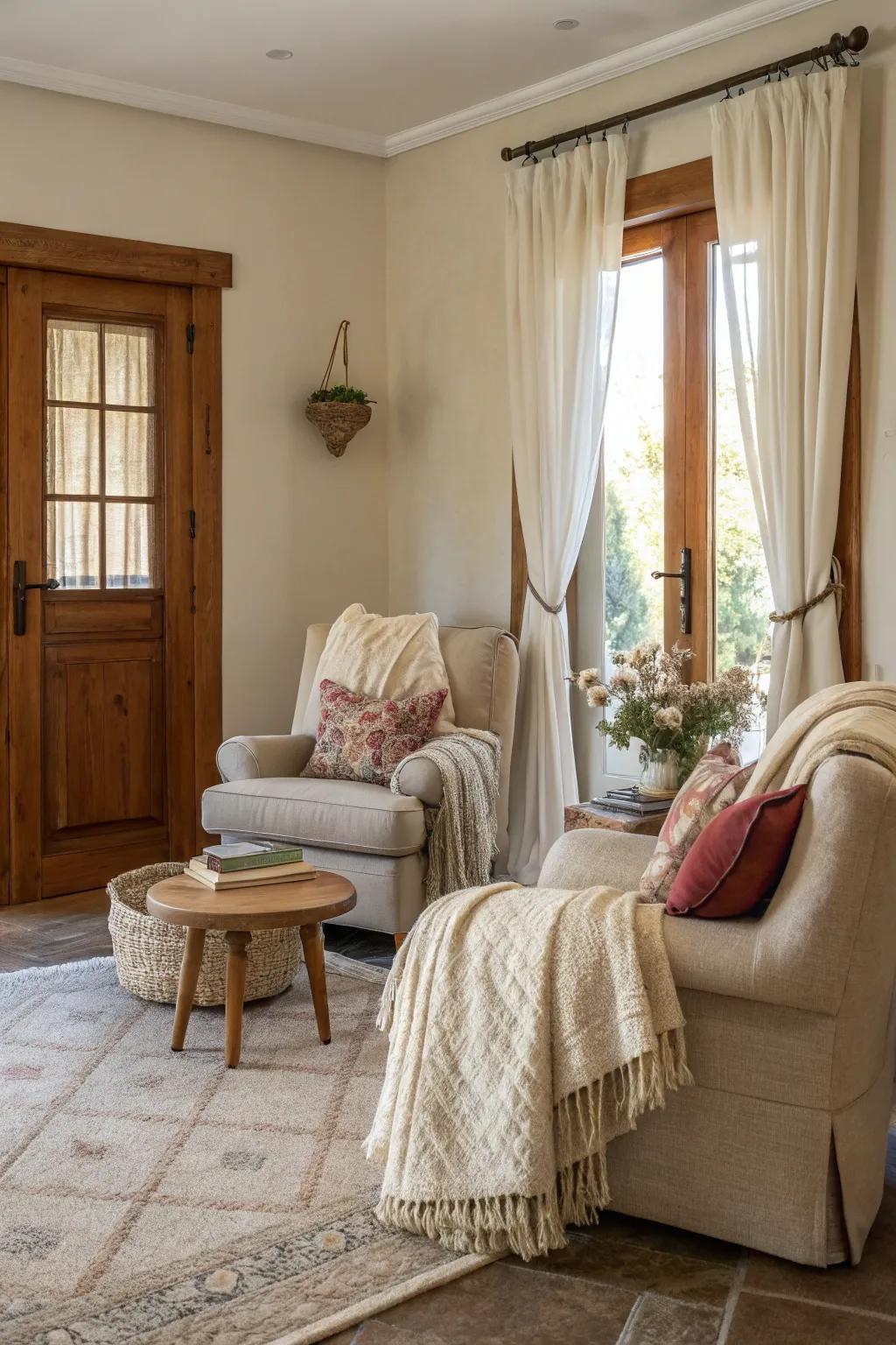 A cozy seating spot in the foyer, blending comfort and style.