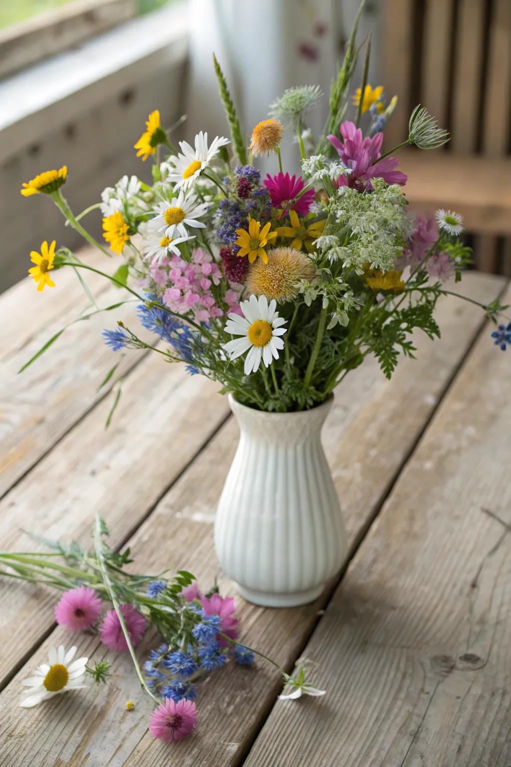 A vase of fresh wildflowers bringing a touch of nature indoors.