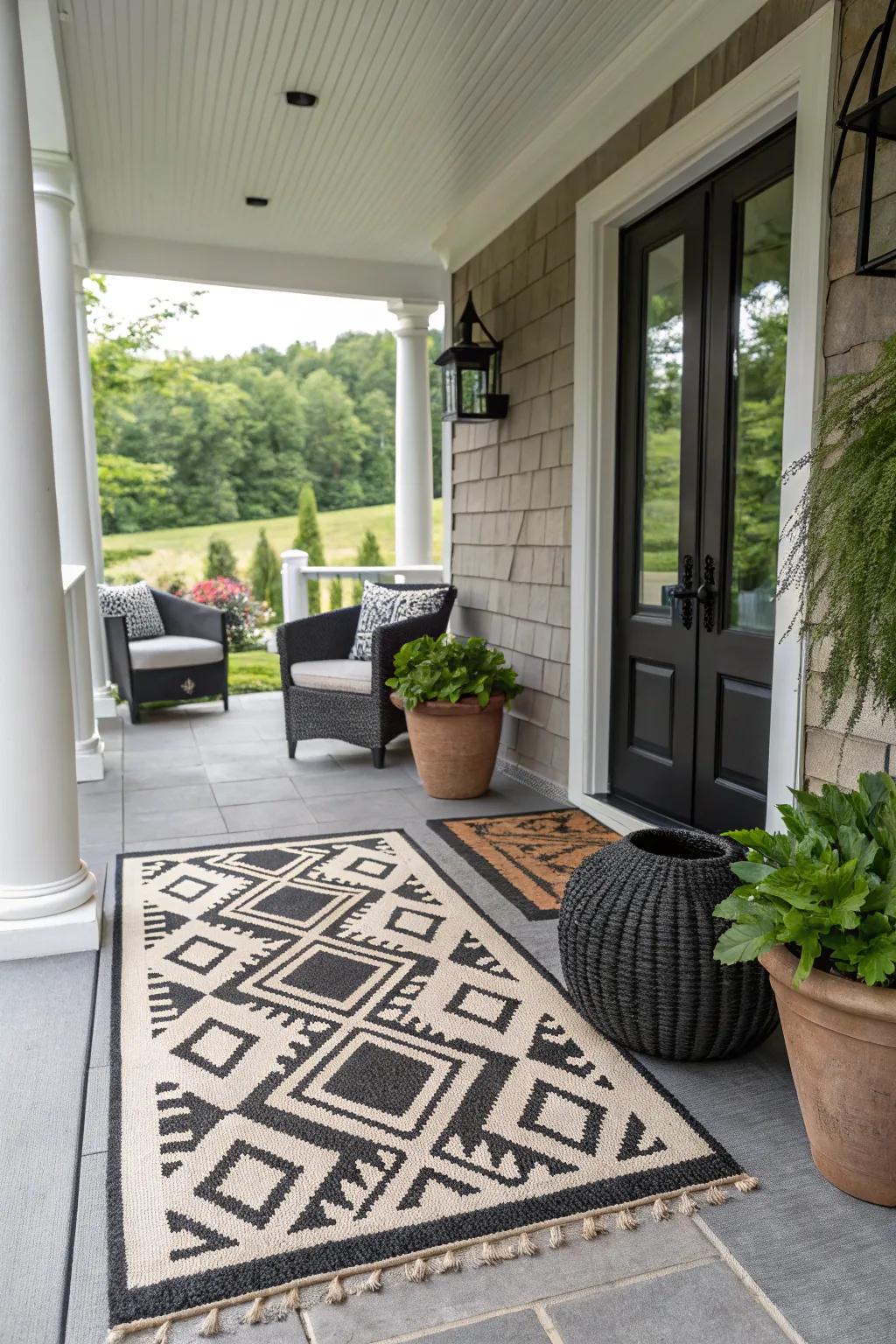 A bold-patterned doormat with geometric designs.
