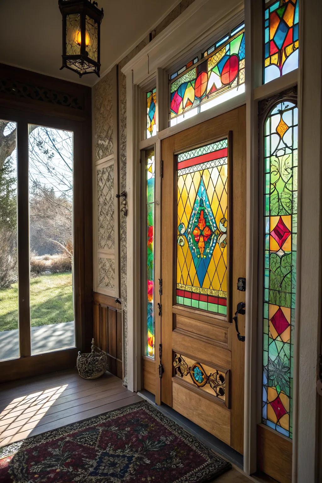 Privacy and a dash of artistry are added by stained glass.