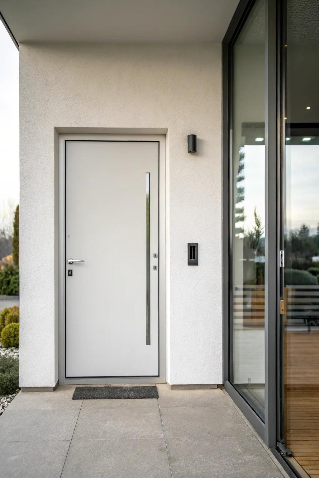 A simple metal door with a slim sidelight gives a modern, elegant feel.