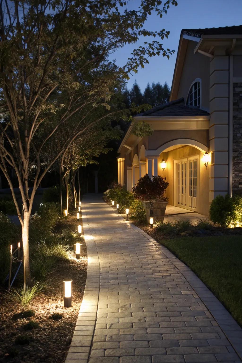 A beautifully illuminated path creating a cozy atmosphere at night.
