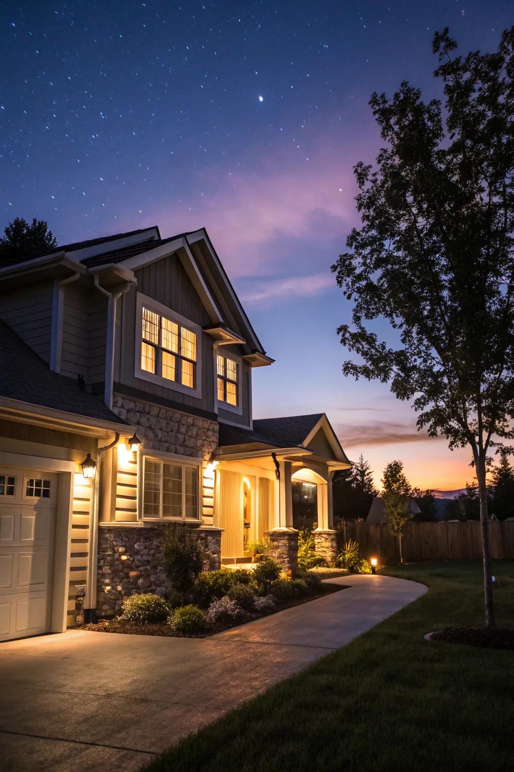 Exterior illumination that highlights the architectural splendor of the home