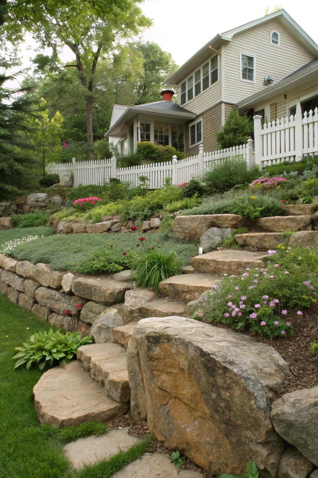Add dimension to your yard with terraced gardens using large rocks.