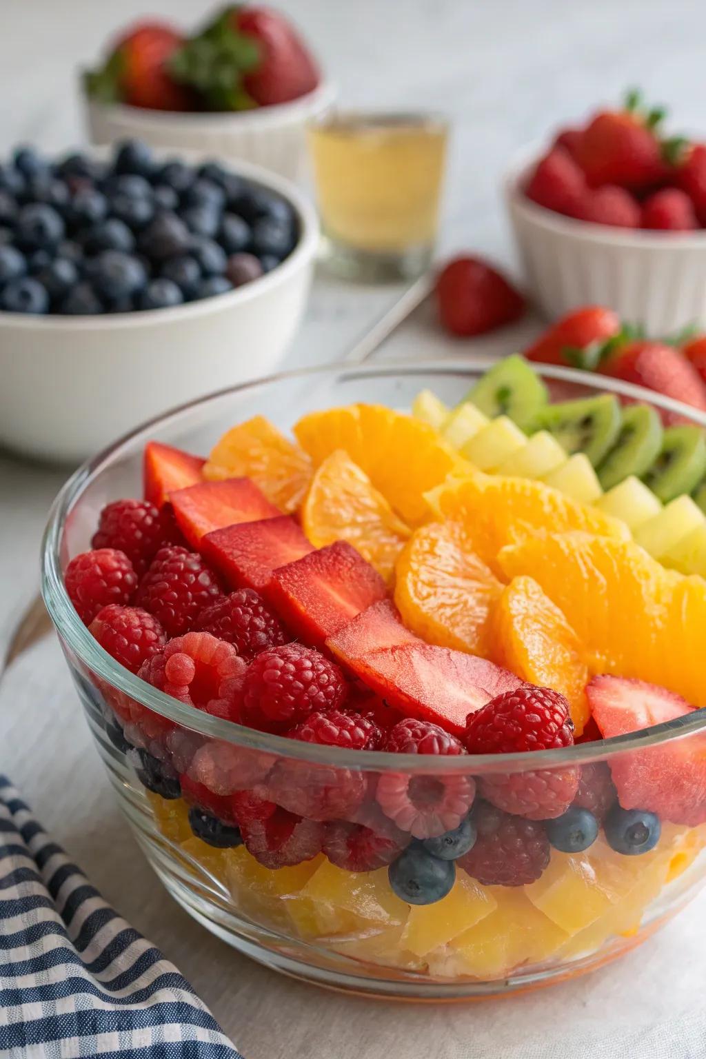 A spectrum of vibrant shades renders this fruit salad striking and palatable.