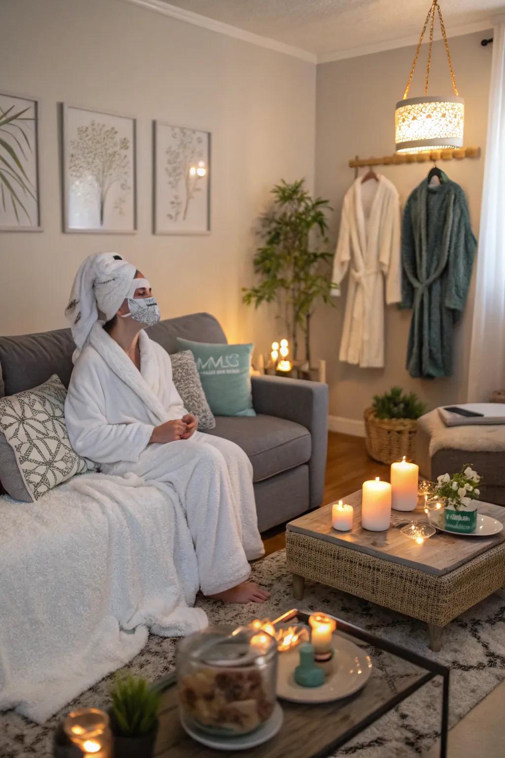 A tranquil spa ambiance for a peaceful Galentine's Day evening.