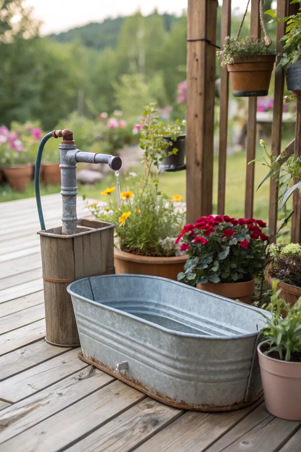 An endearing patio aquatic accent featuring a galvanized trough and spout.