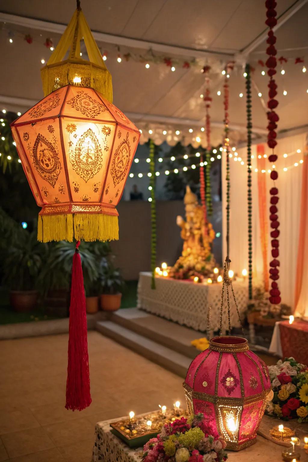 Lanterns and twinkling lights casting a toasty, inviting shimmer for Ganesh Chaturthi revelries.
