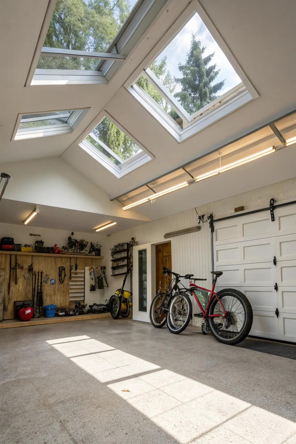A sun-kissed garage interior featuring strategically situated skylights.