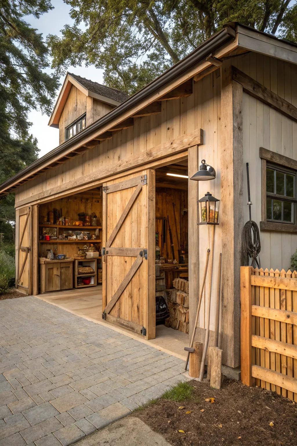 A captivating rustic barn-style garage distinguished by wooden elements.
