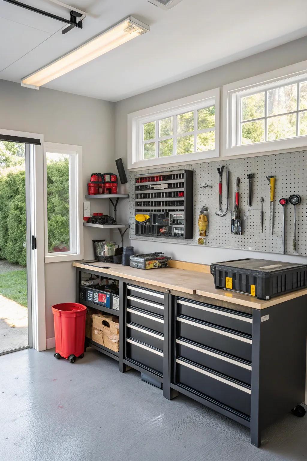 A workbench delivers a focused space for projects.