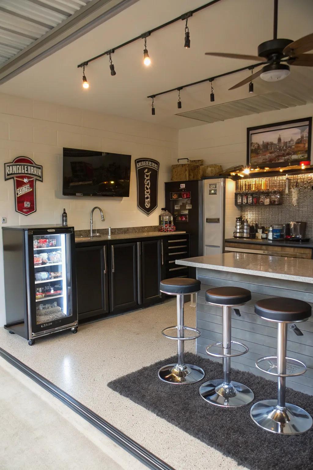 A polished and trendy bar configuration for your garage getaway.