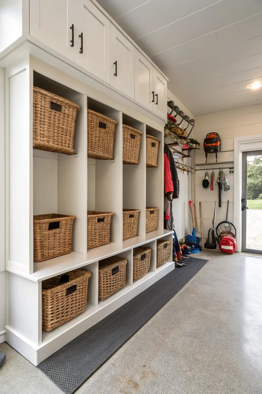 Cubbies and baskets maintain the organization of small essentials, keeping them easily accessible.