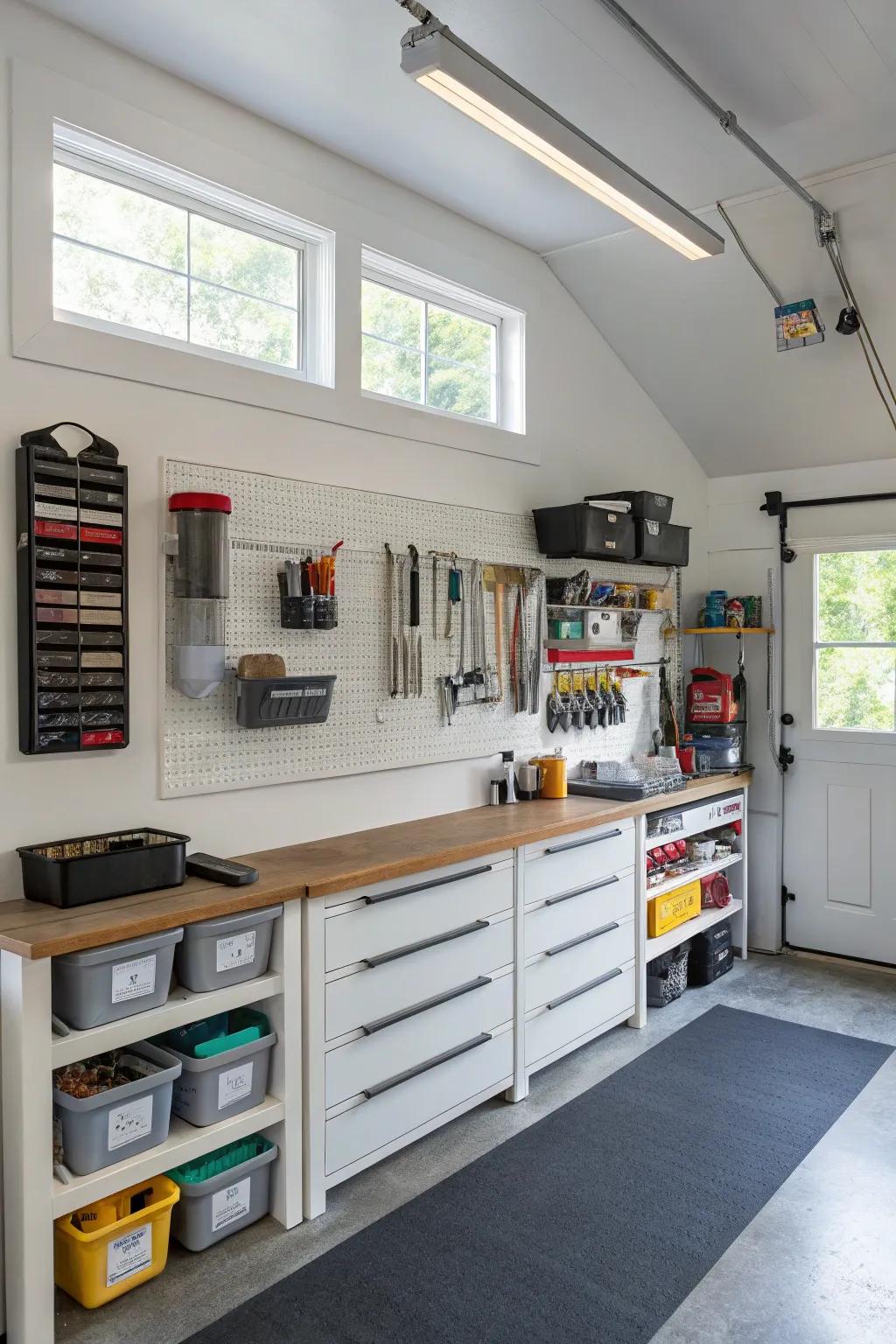Smart storage ensures your garage office is tidy and efficient.