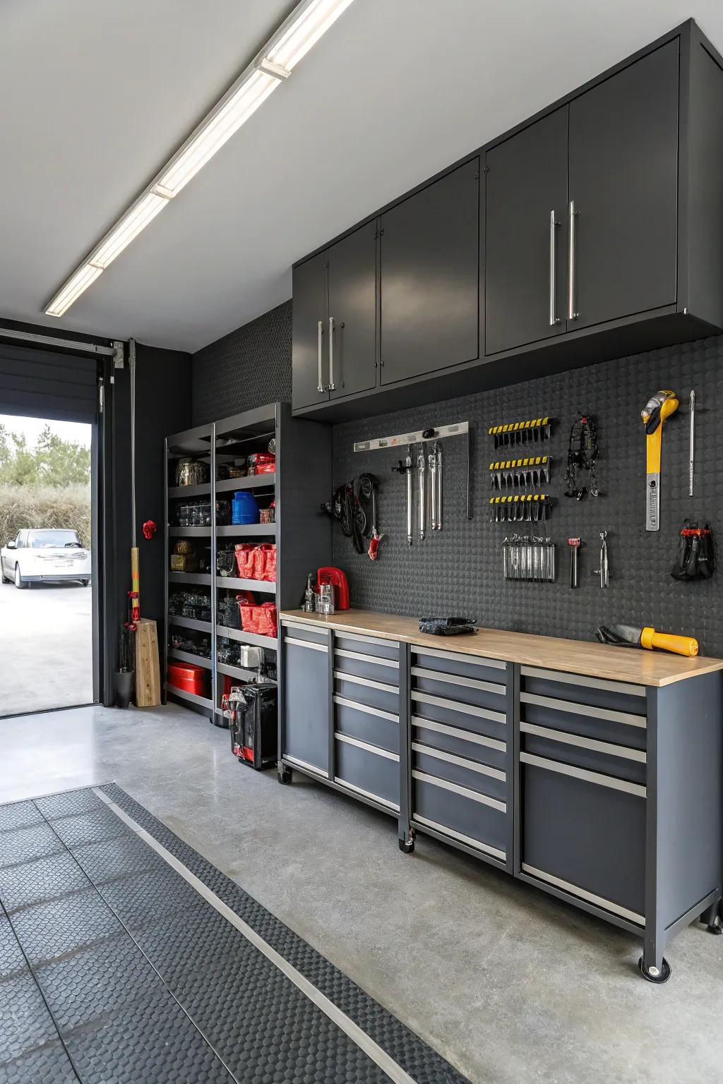 Charcoal gray brings a chic, industrial aesthetic to your garage.