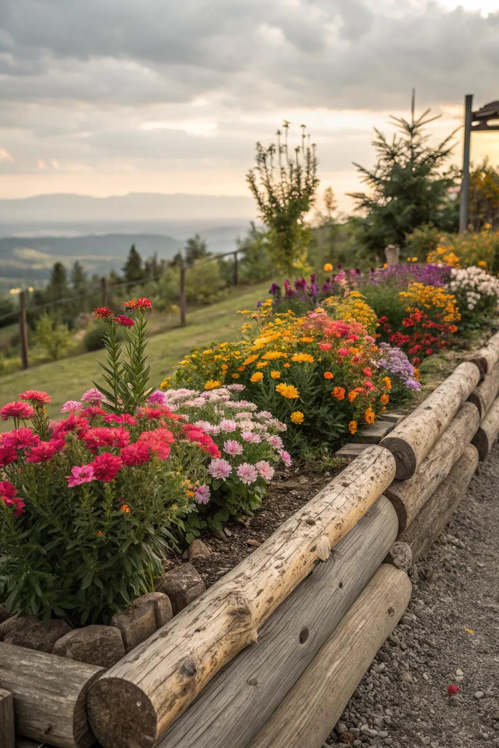 Wooden log edging adds a naturally cozy touch to garden borders.