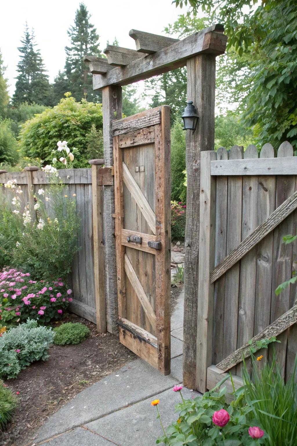 Handcrafted weathered-board gate brings a personal and rustic character to your garden.