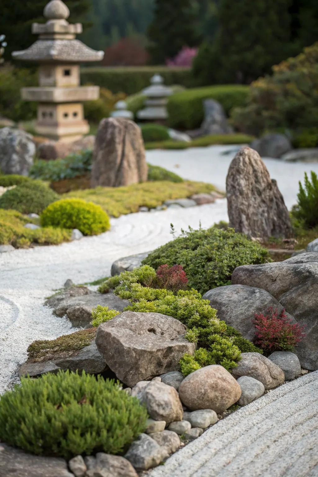 A rock garden with rocks of varying sizes, scattered with rich greenery.