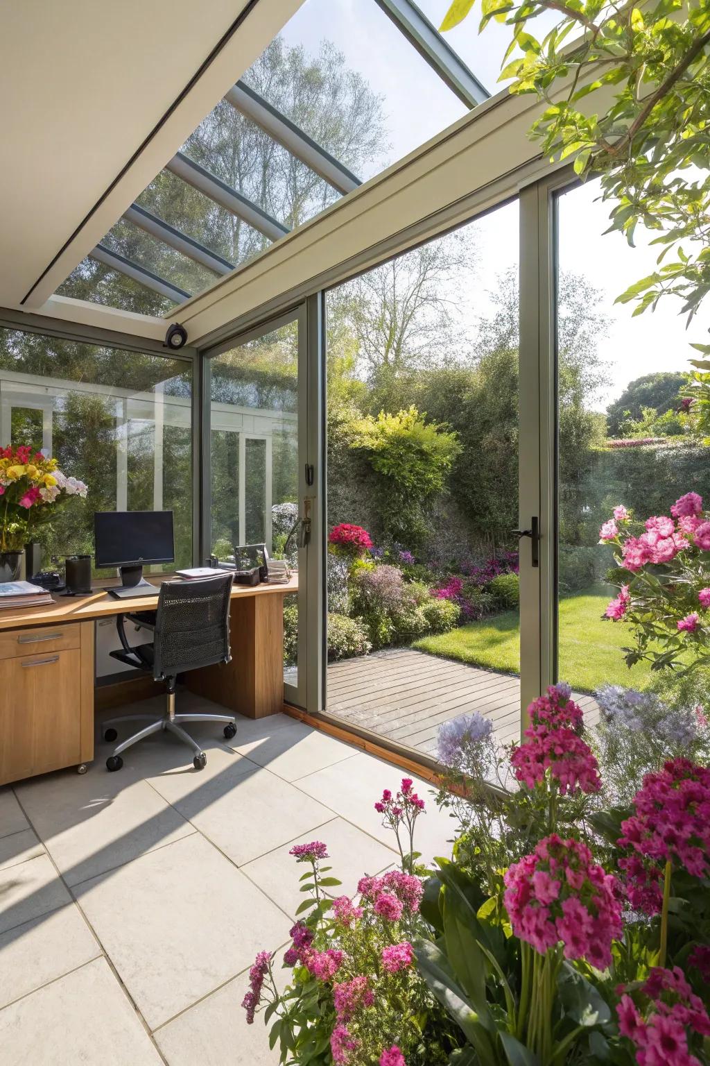 A sun-drenched garden office featuring glass walls, providing a radiant and airy atmosphere.