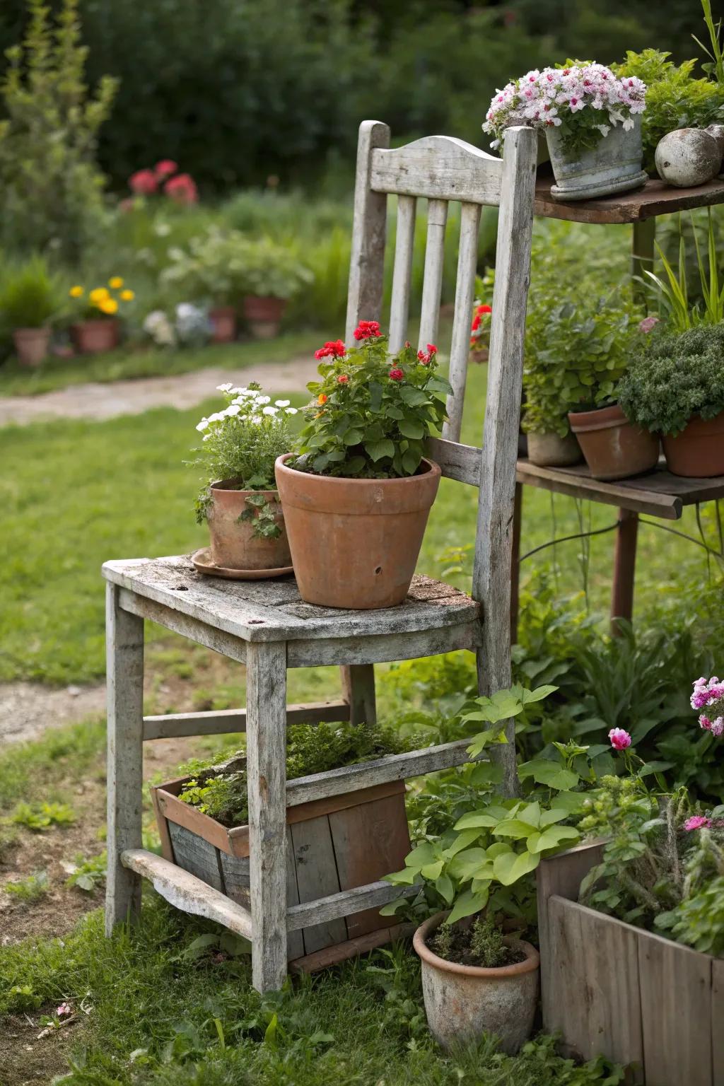 Old furniture discovers a new purpose as unique plant stands.