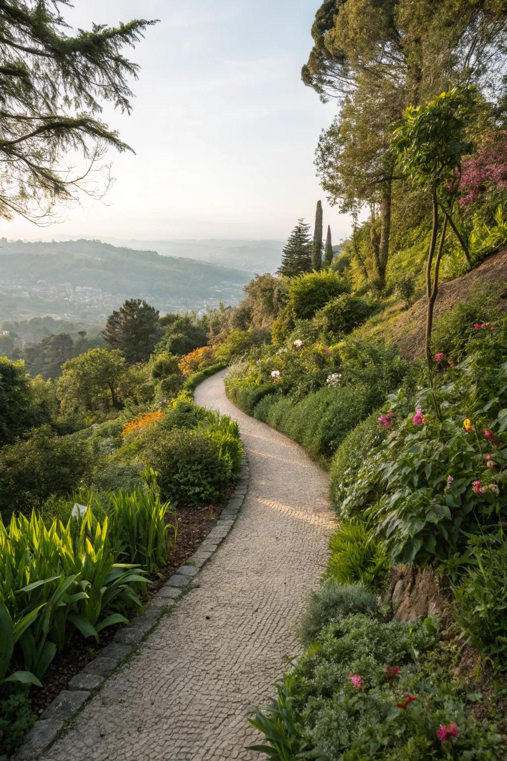 Winding pathways deliver both direction and elegance in a hillside garden.
