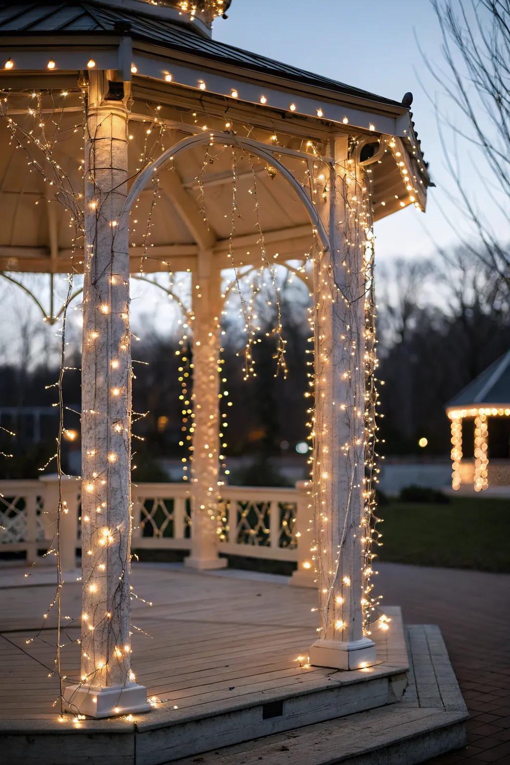 Pixie lights encircled around gazebo pillars contribute an element of playfulness.