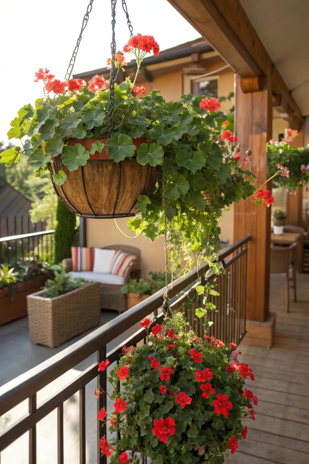A suspended bloom overflowing with trailing ivy geraniums on a sunny balcony.