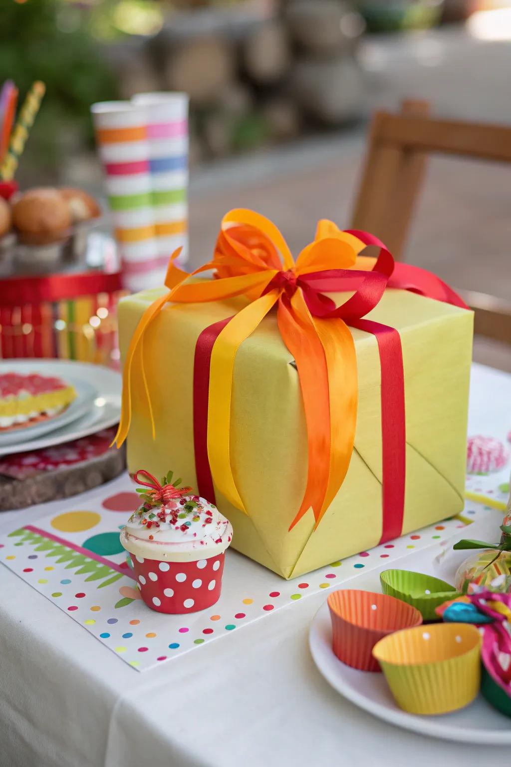 Gift with bold and bright ribbons