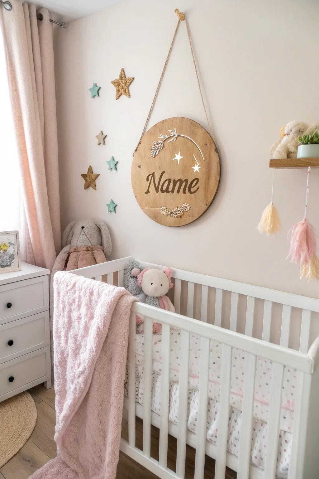 A custom name embellishment enriches the nursery with a unique character.