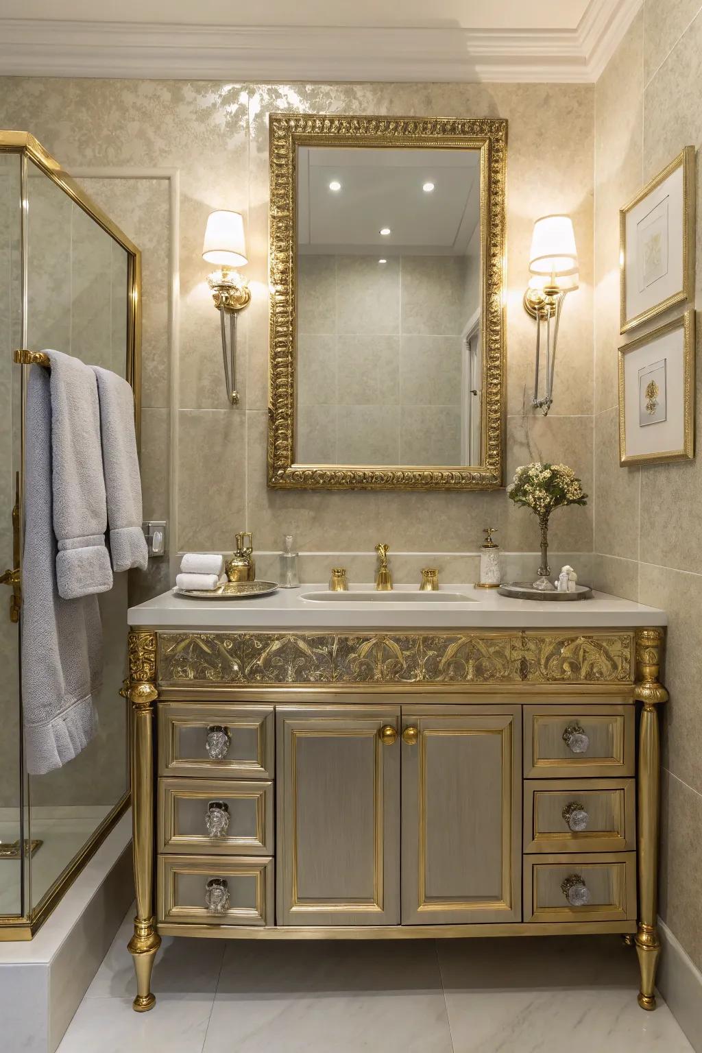 A modern bathroom featuring gilt fixtures and silver decorative elements.
