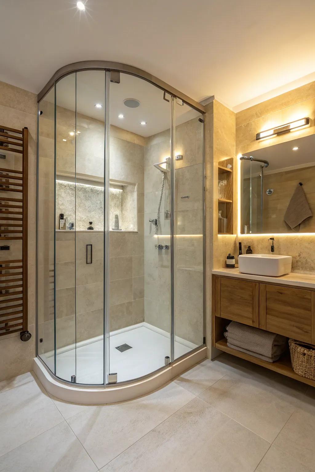 Curved glass showers infuse elegance through soft, flowing lines.