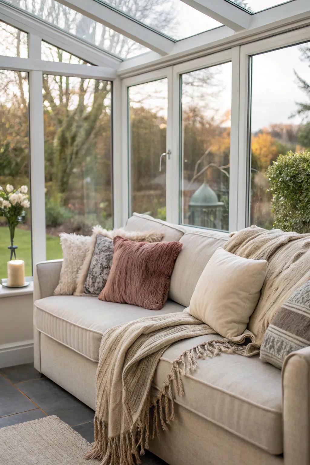 An inviting sectional sofa perfect for relaxing in a glass extension.