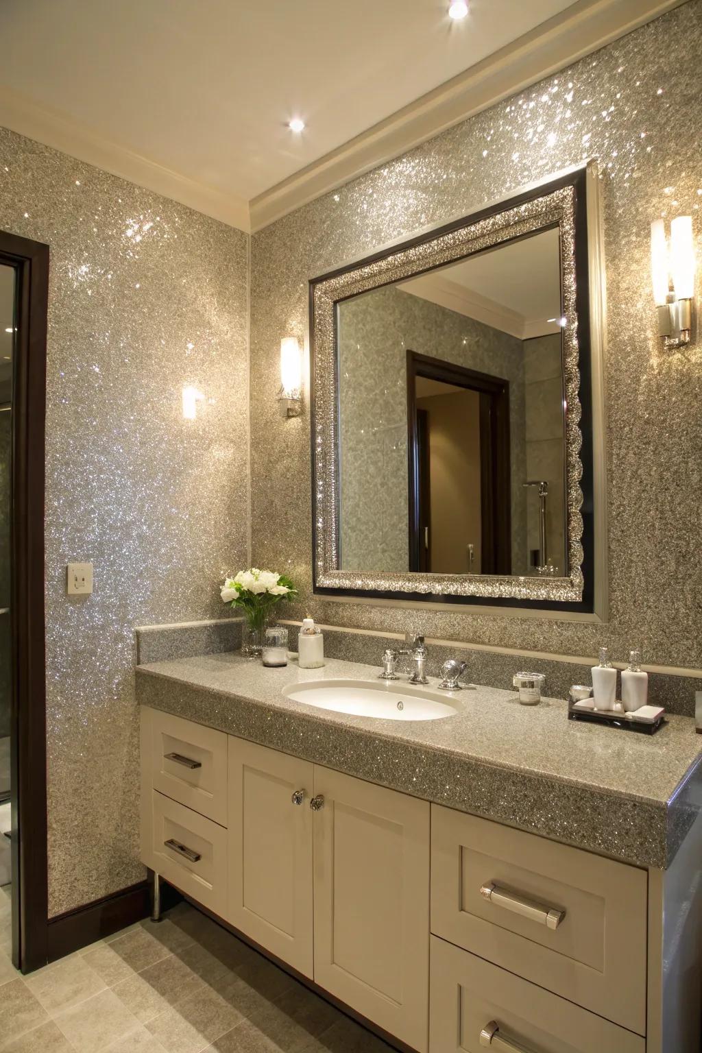 A glitter accent wall bestows luxury upon a bathroom.