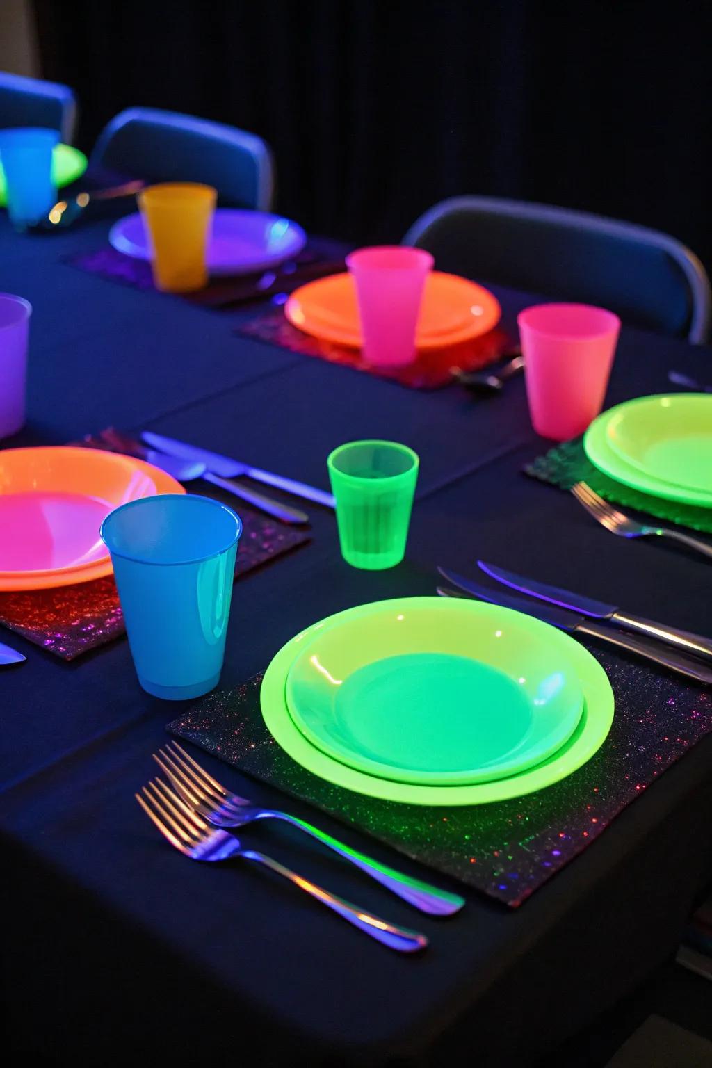 Neon tableware completes the radiant theme in style.