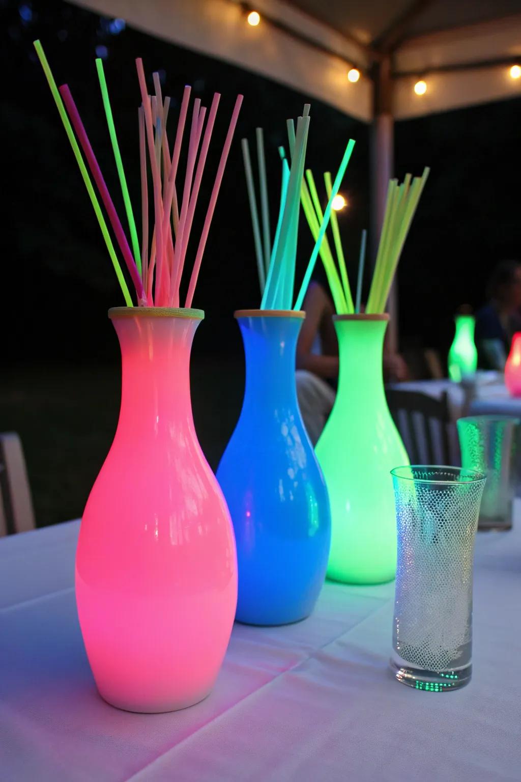 Craft energetic centerpieces from prism paints and glow sticks.