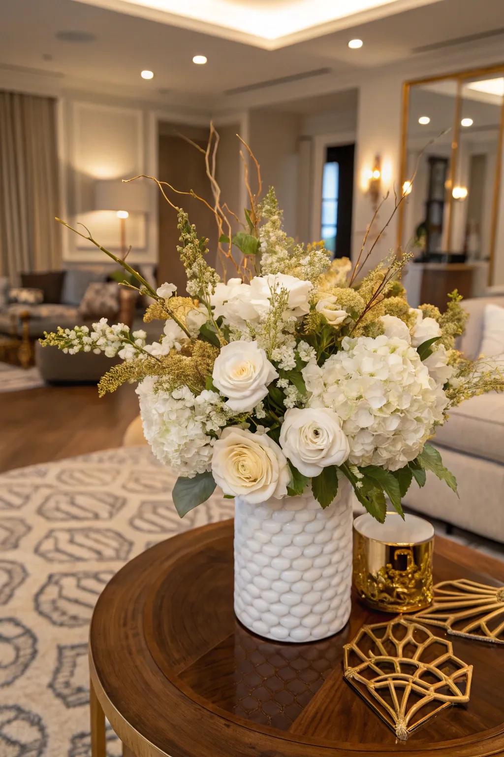 A blossom arrangement boasting gilded emphases injects charm and exquisiteness.