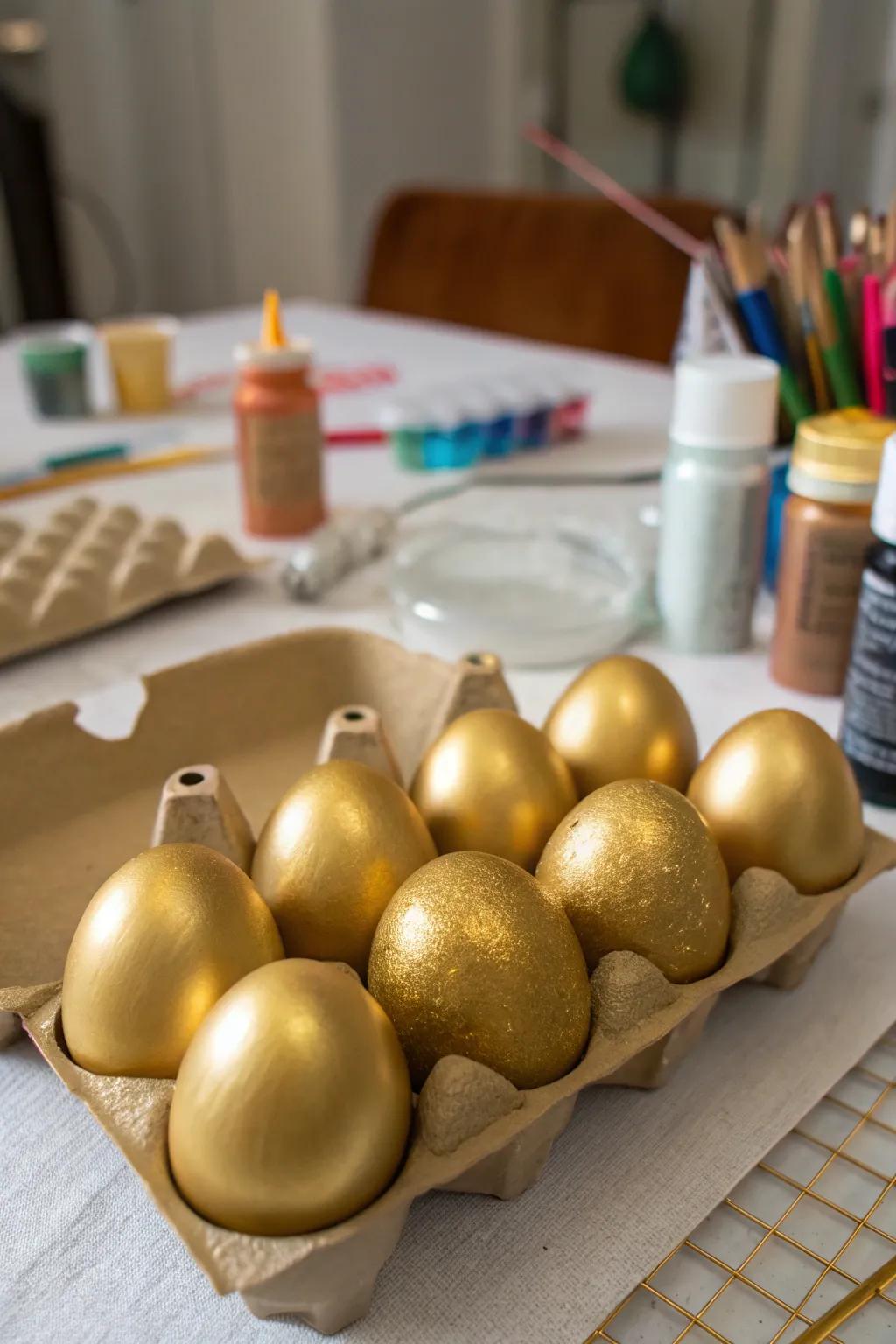 Independently craft your gilded eggs through the application of uncomplicated materials, thereby imbuing them with a distinctive flair.