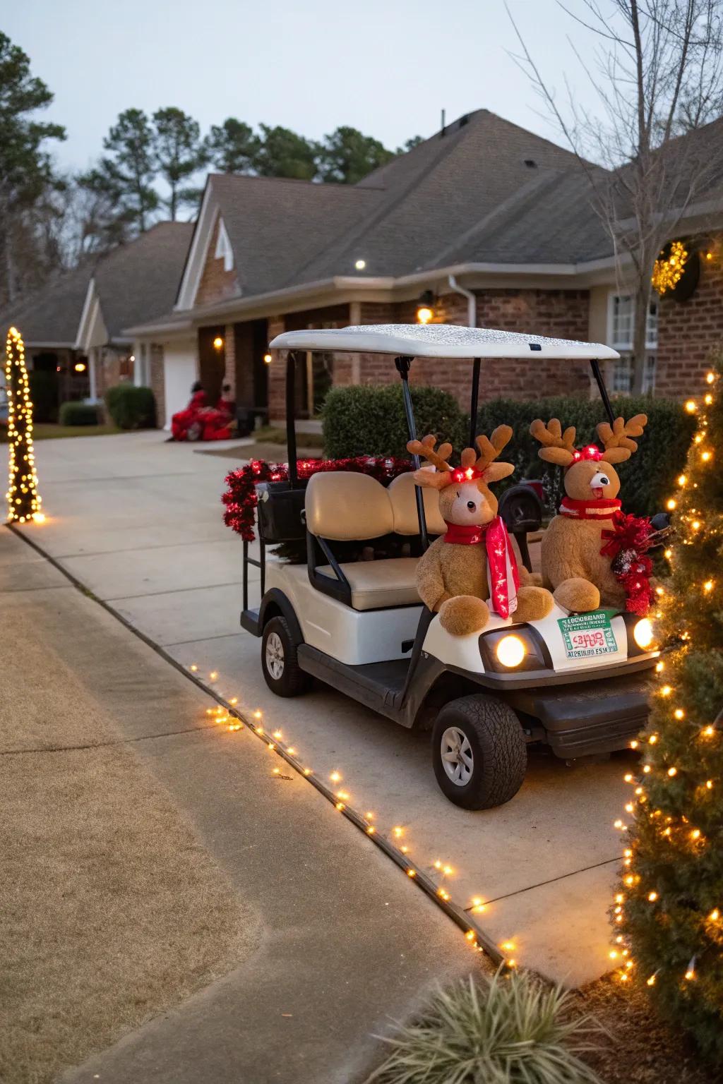 Rudolph takes the lead on this festive golf cart.