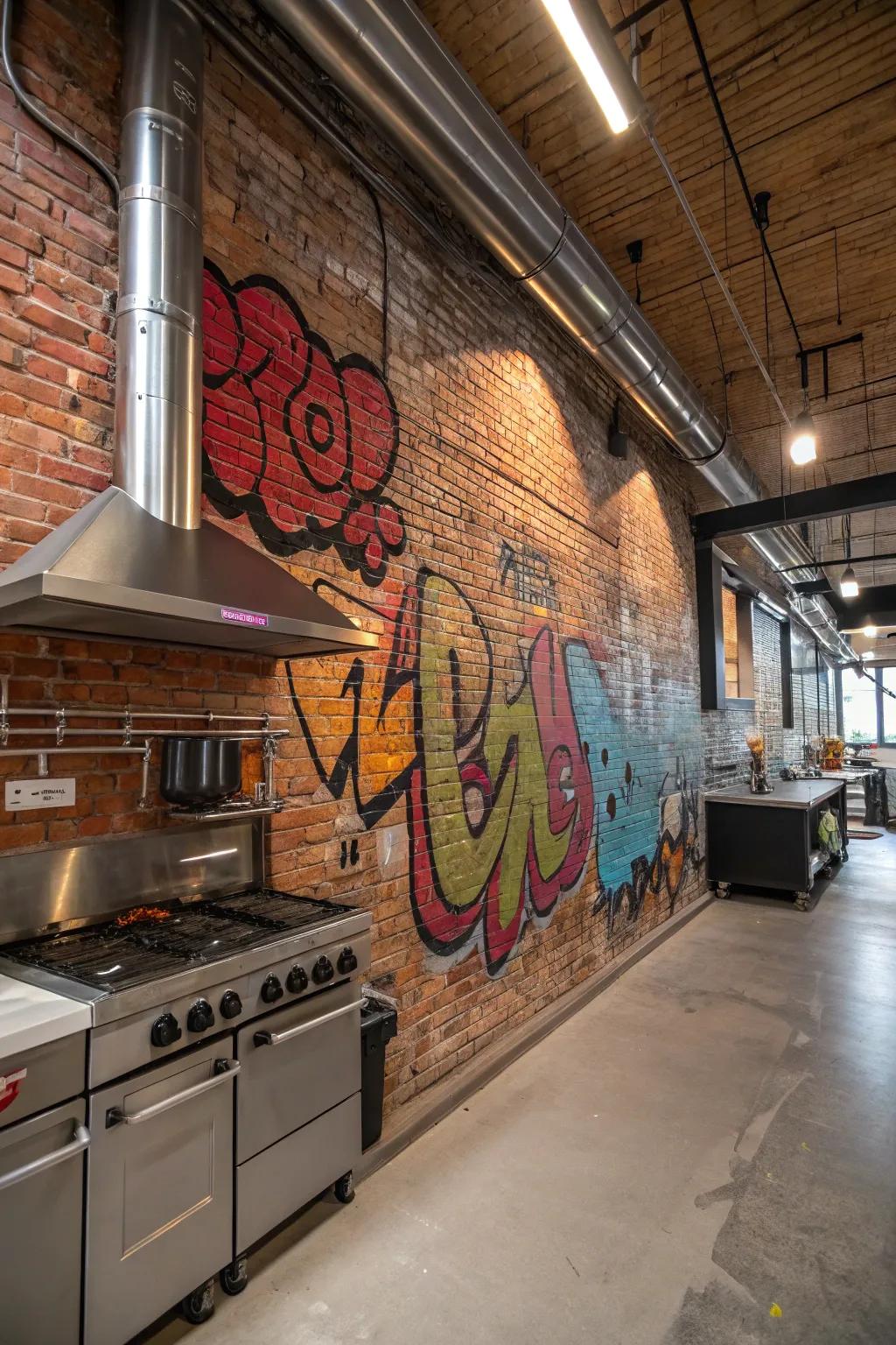 Graffiti blending well with an industrial cooking space by using a brick wall
