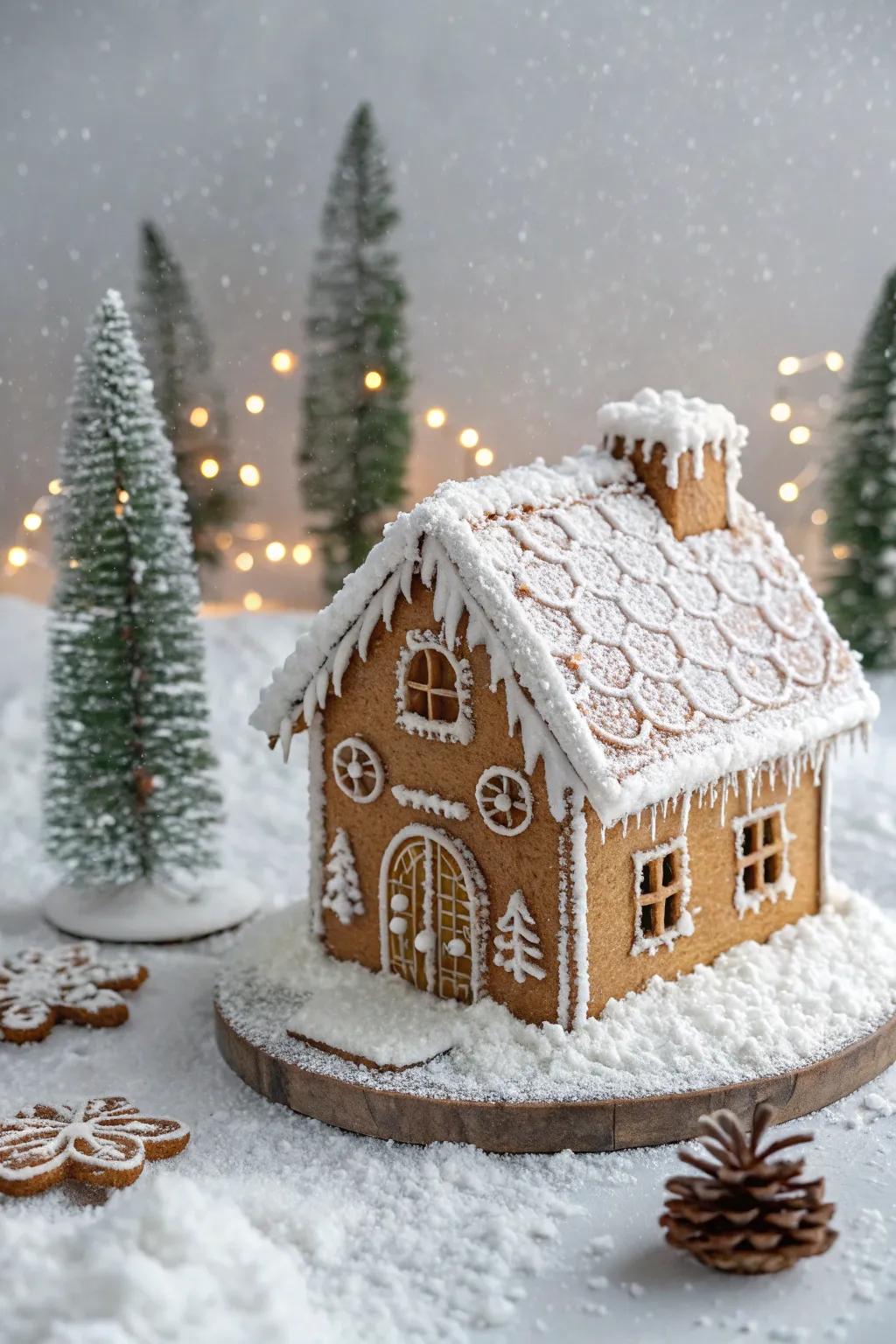 Winter wonderland gingerbread house with a snowy finish.